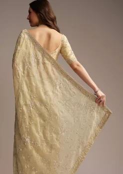 Beige Tissue Saree with Floral and Cutdana Embroidery