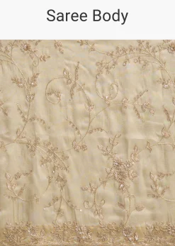 Beige Tissue Saree with Floral and Cutdana Embroidery