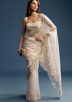 Beige Tissue Saree With Golden Floral Embroidery