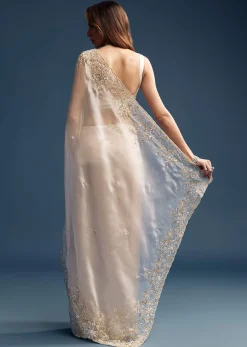 Beige Tissue Saree With Golden Floral Embroidery