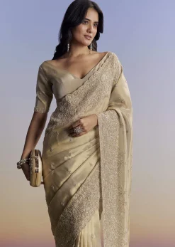Beige Tissue Saree With Hand Embroidery With Cutdana And Sequins