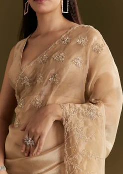 Beige Tissue Saree With Heavy Cutdana And Beads Embroidery