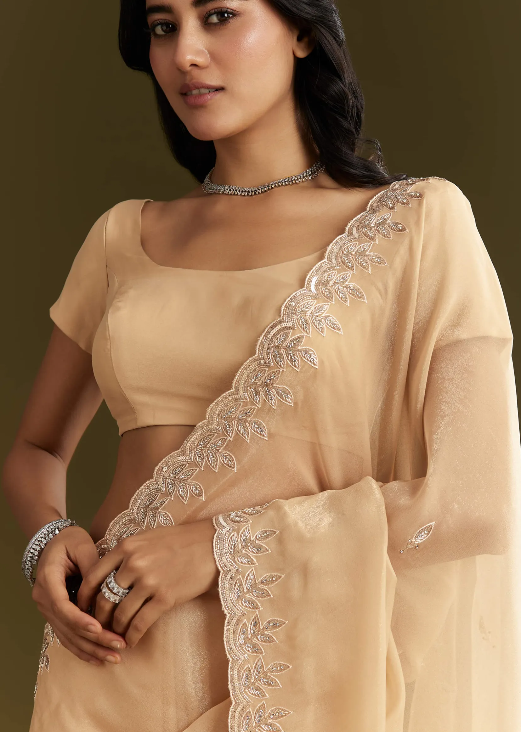 Beige Tissue Saree With Leaf Motif Embroidery In Sequins And Cutdana