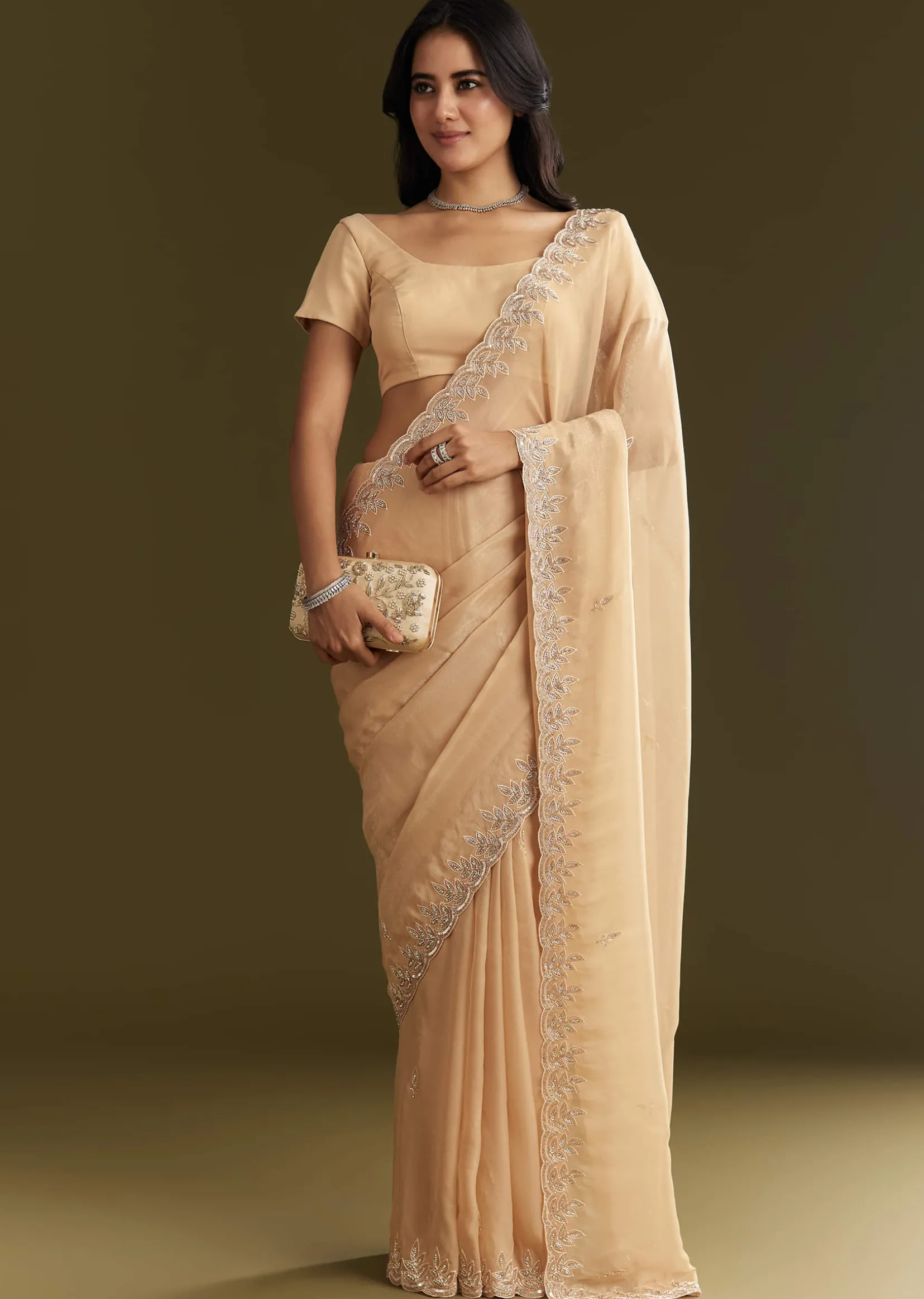 Beige Tissue Saree With Leaf Motif Embroidery In Sequins And Cutdana