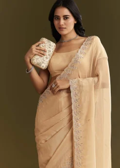 Beige Tissue Saree With Leaf Motif Embroidery In Sequins And Cutdana