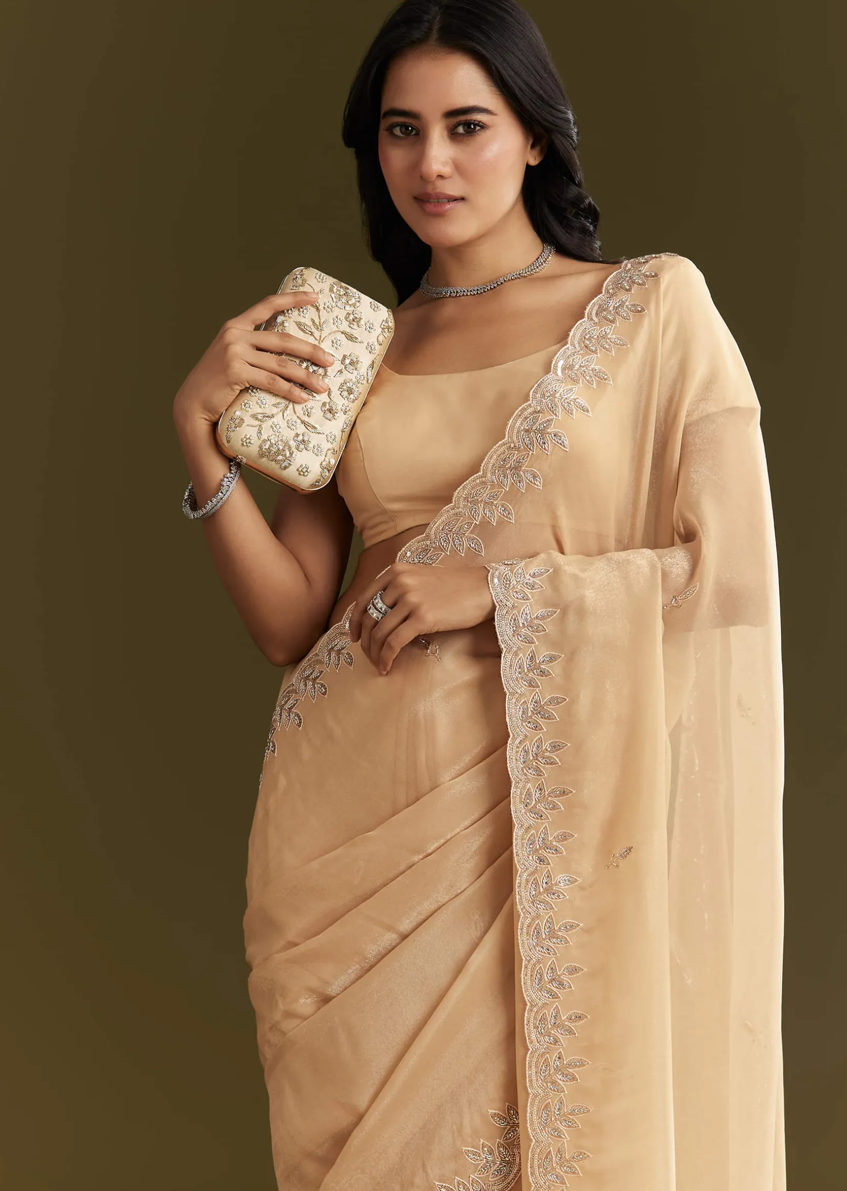 Beige Tissue Saree With Leaf Motif Embroidery In Sequins And Cutdana