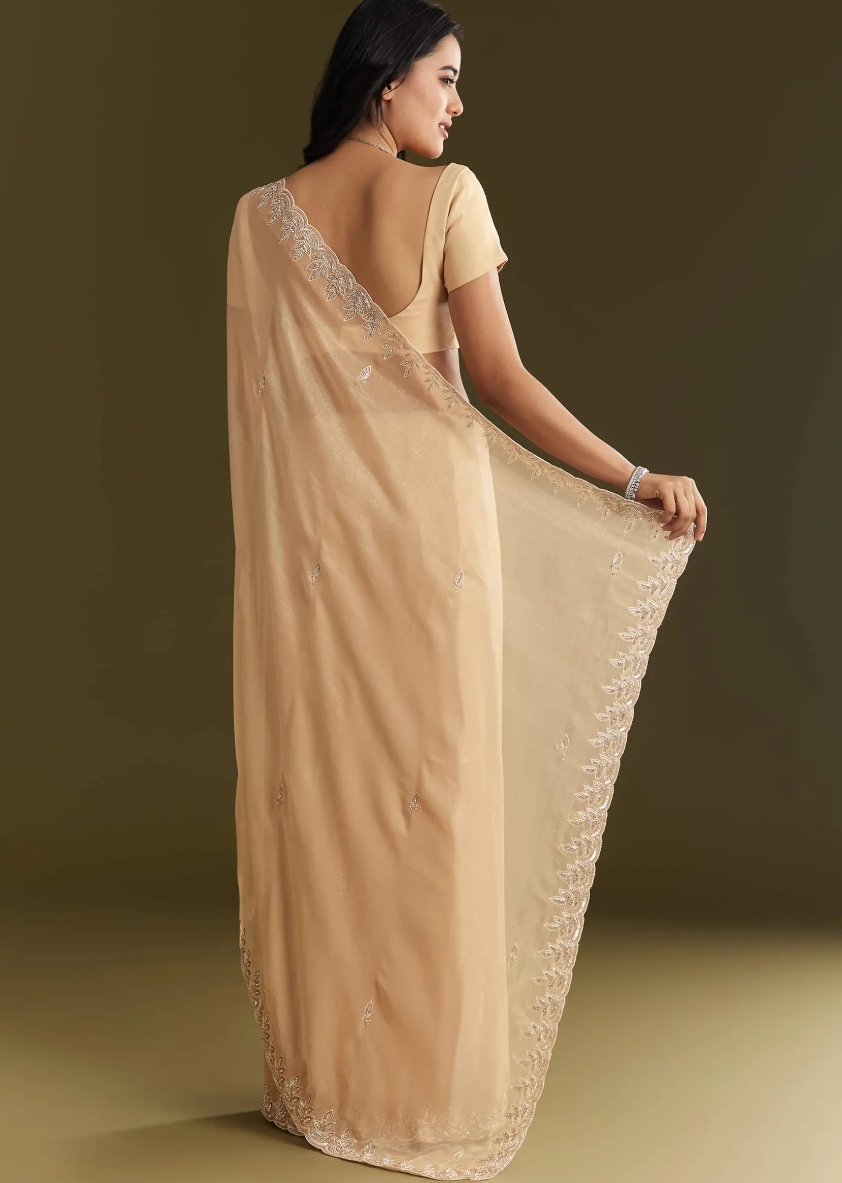 Beige Tissue Saree With Leaf Motif Embroidery In Sequins And Cutdana