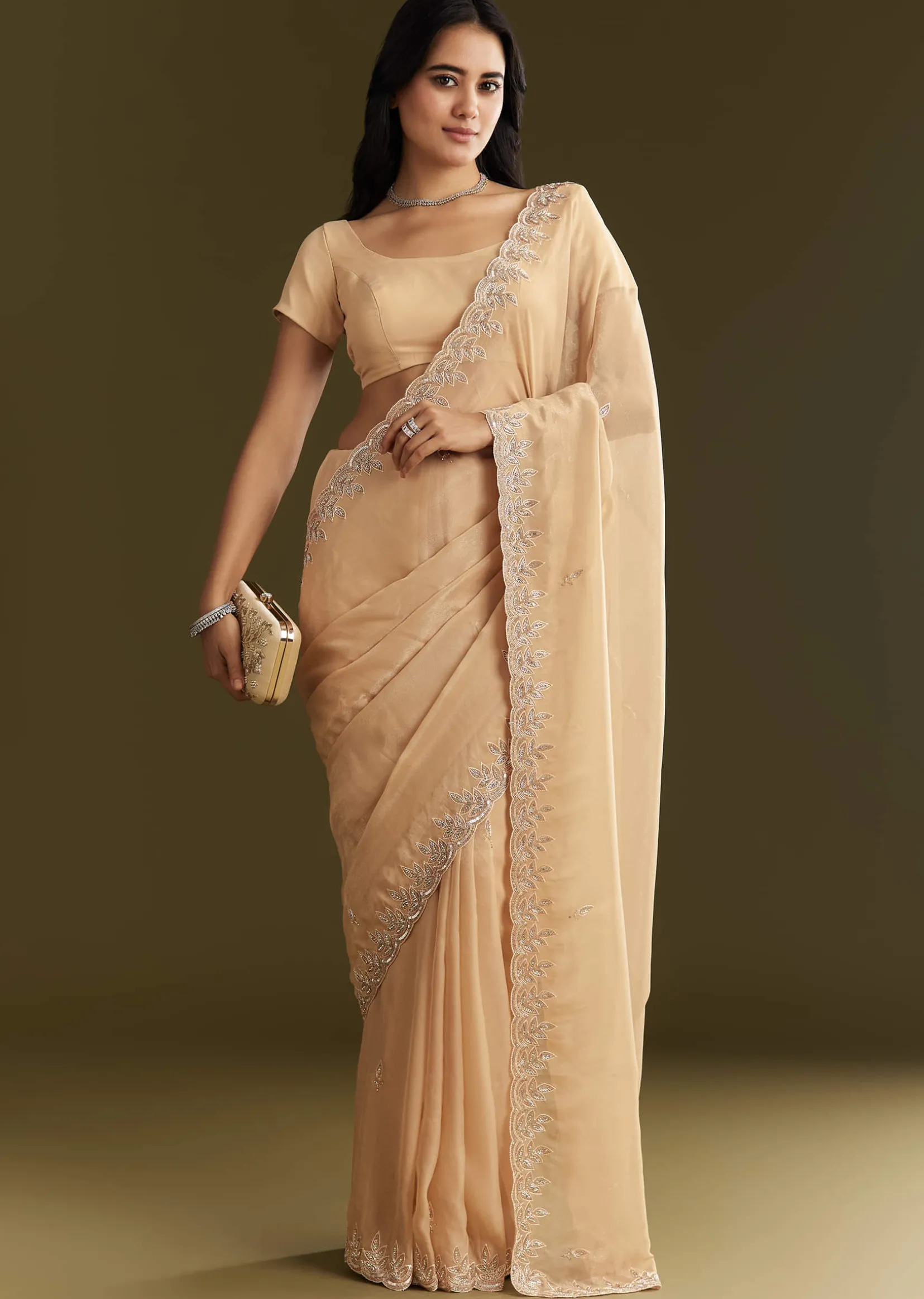 Beige Tissue Saree With Leaf Motif Embroidery In Sequins And Cutdana