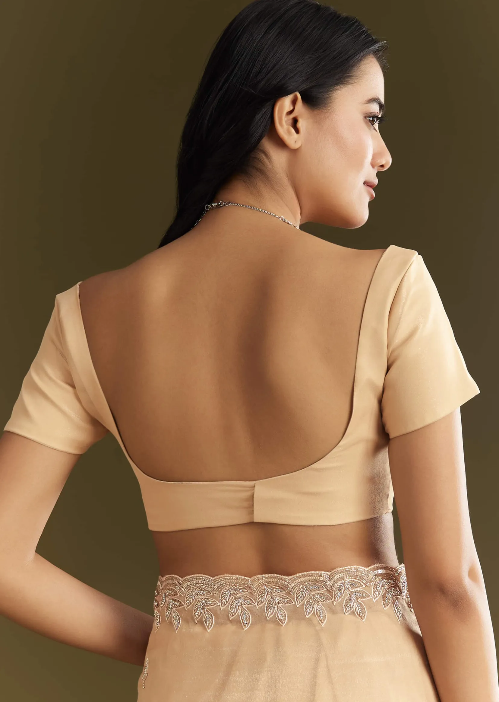 Beige Tissue Saree With Leaf Motif Embroidery In Sequins And Cutdana