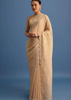 Beige Tissue Saree With Moti And Cutdana Border And Unstitched Blouse