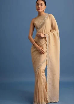 Beige Tissue Saree With Moti And Cutdana Border And Unstitched Blouse