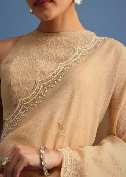 Beige Tissue Saree With Moti And Cutdana Border And Unstitched Blouse