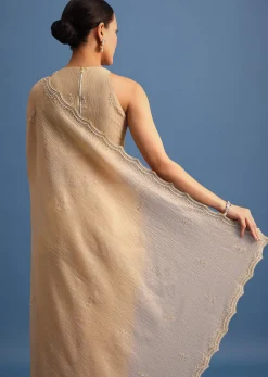 Beige Tissue Saree With Moti And Cutdana Border And Unstitched Blouse