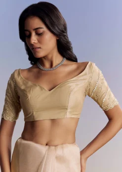 Beige Tissue Saree With Scallop Border And All Over Floral Embroidery