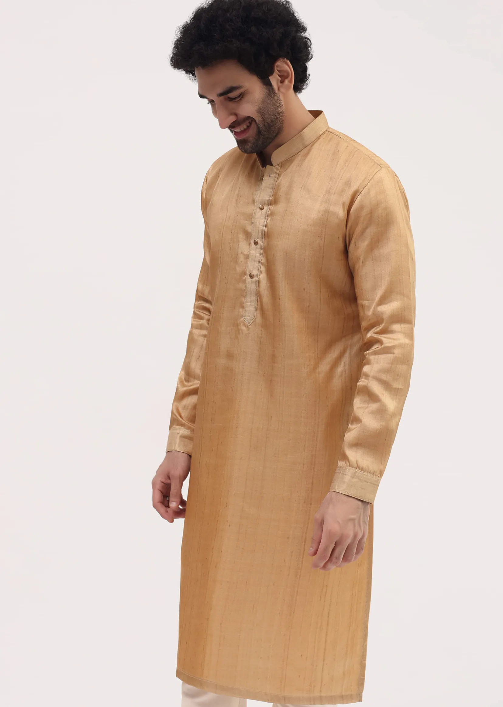 Beige Tussar Kurta Pyjama For Men