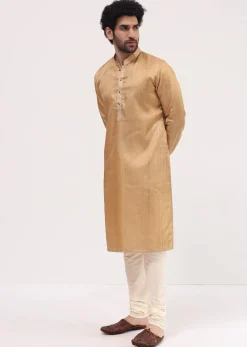 Beige Tussar Kurta Pyjama For Men