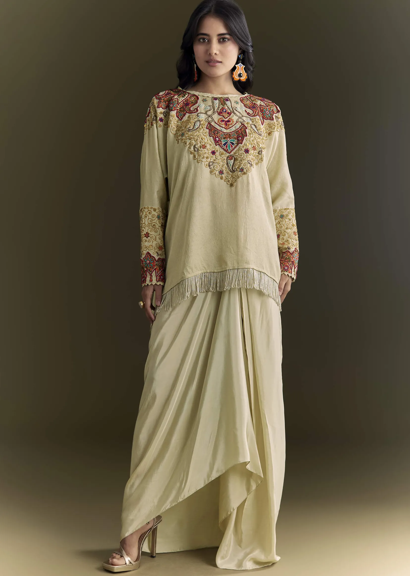 Beige Tussar Silk Kurta Skirt With Beads And Threadwork