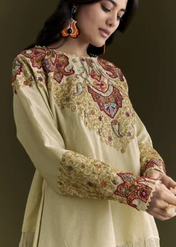 Beige Tussar Silk Kurta Skirt With Beads And Threadwork