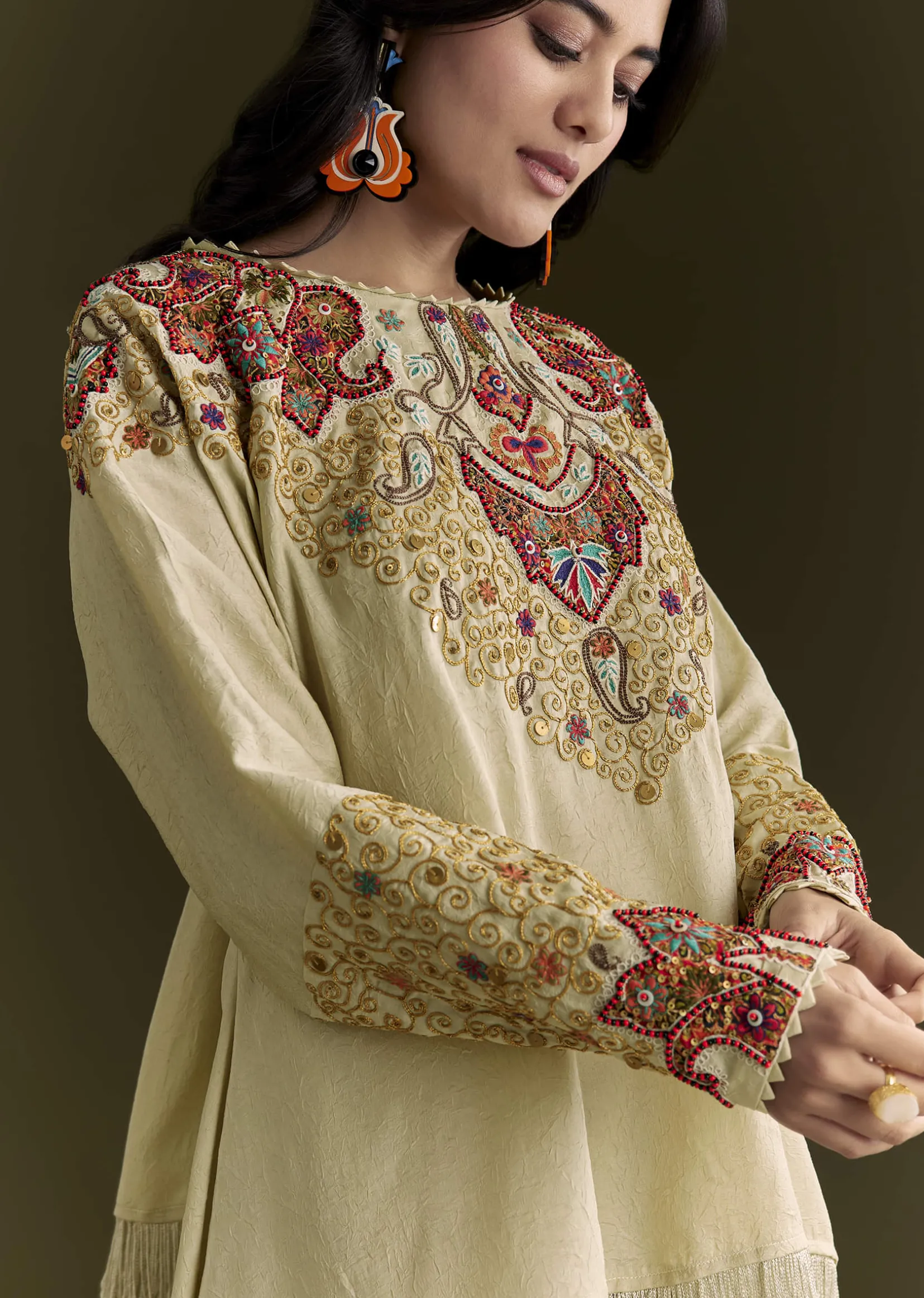 Beige Tussar Silk Kurta Skirt With Beads And Threadwork