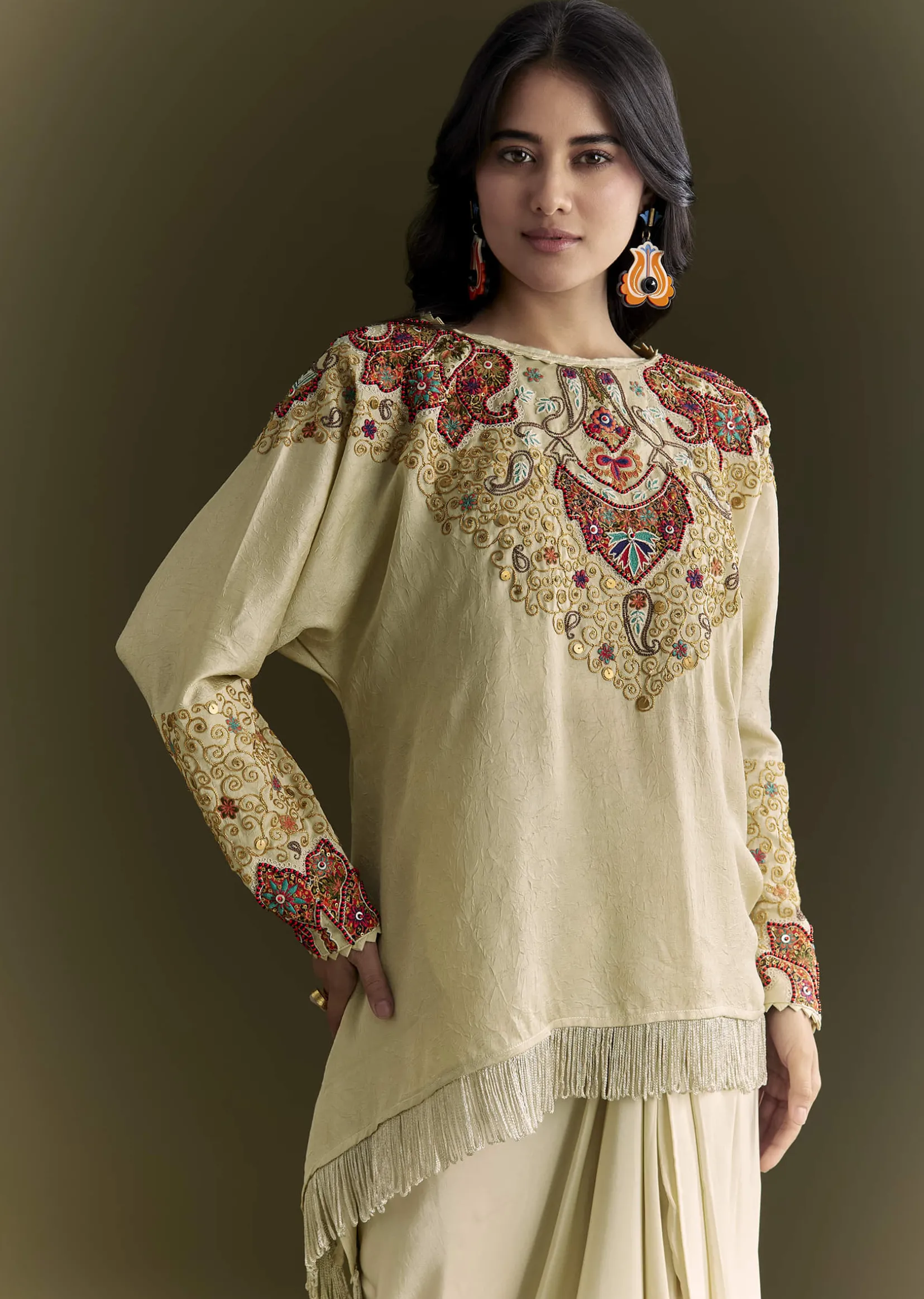 Beige Tussar Silk Kurta Skirt With Beads And Threadwork