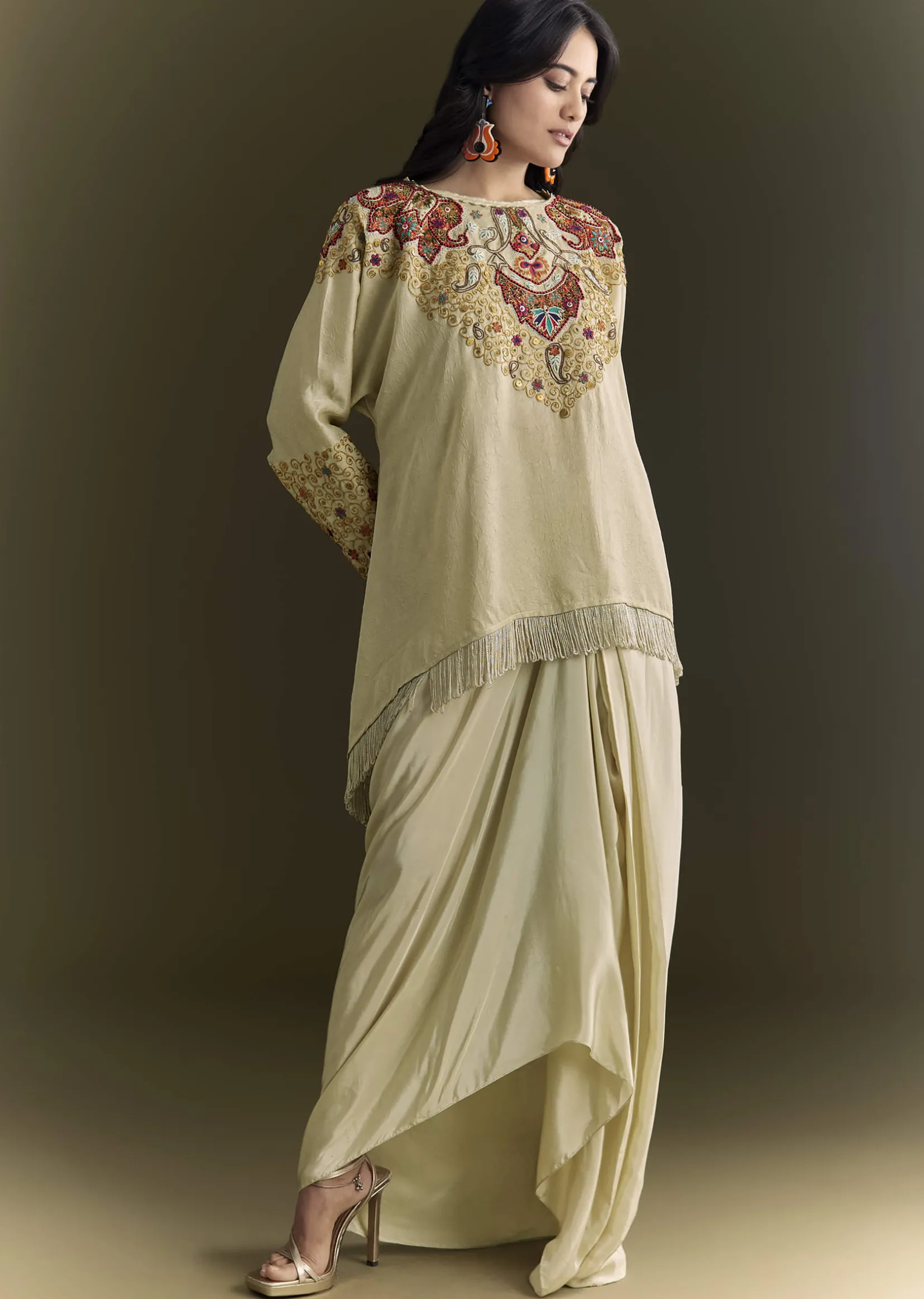 Beige Tussar Silk Kurta Skirt With Beads And Threadwork