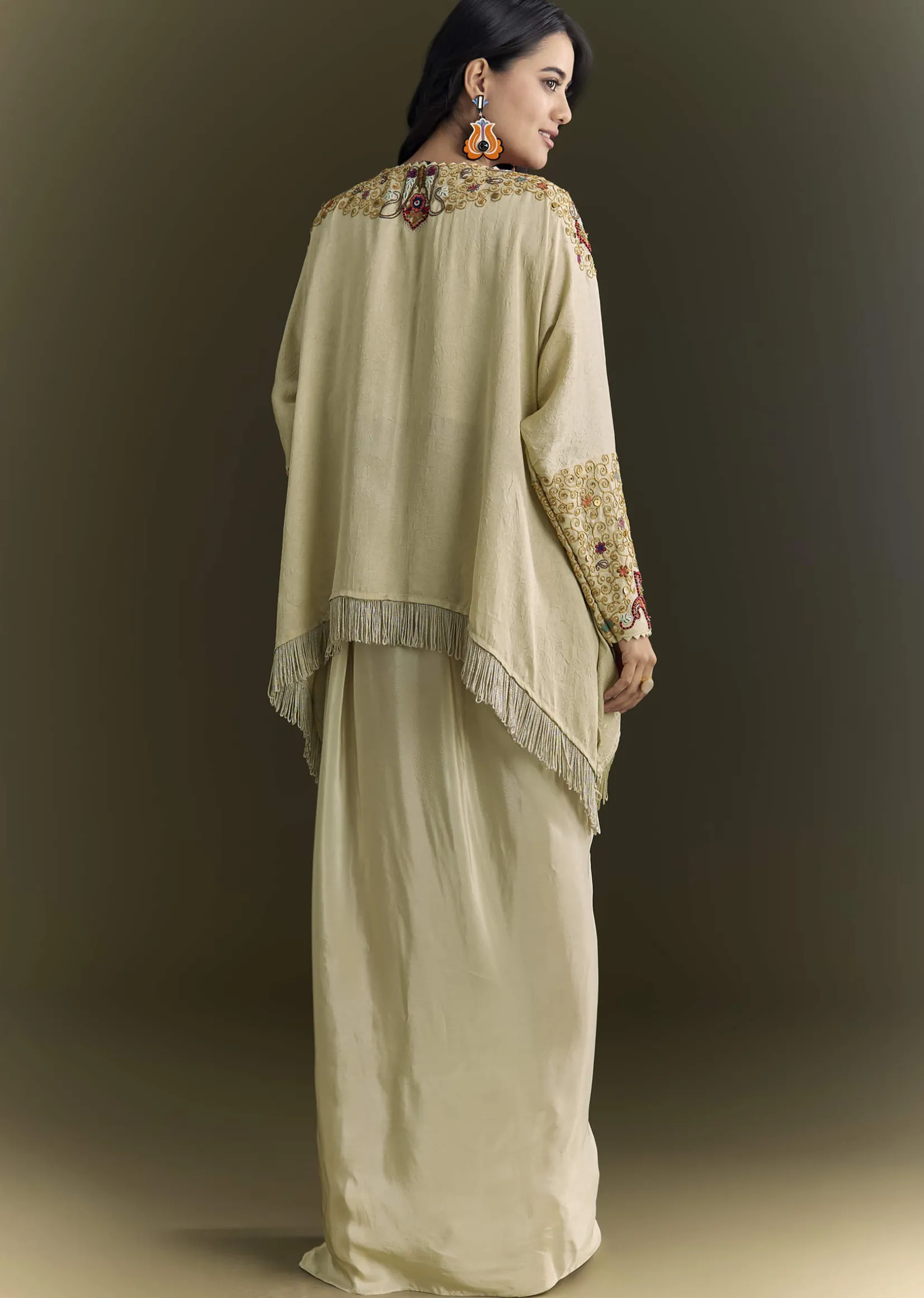 Beige Tussar Silk Kurta Skirt With Beads And Threadwork