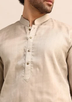 Beige Tussar Silk Plain Kurta Pyjama For Men