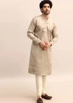 Beige Tussar Silk Plain Kurta Pyjama For Men