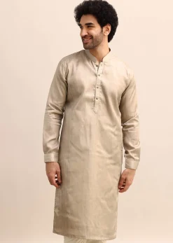 Beige Tussar Silk Plain Kurta Pyjama For Men