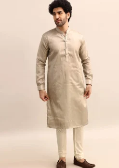 Beige Tussar Silk Plain Kurta Pyjama For Men