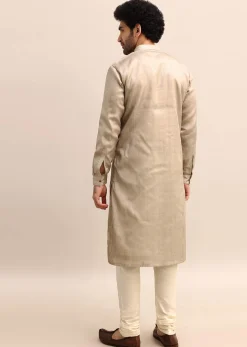 Beige Tussar Silk Plain Kurta Pyjama For Men