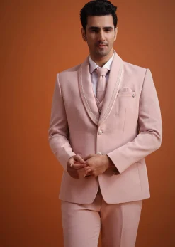 Beige Tuxedo And Pant Set With Cutdana Embellishments