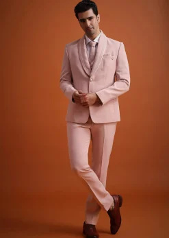 Beige Tuxedo And Pant Set With Cutdana Embellishments