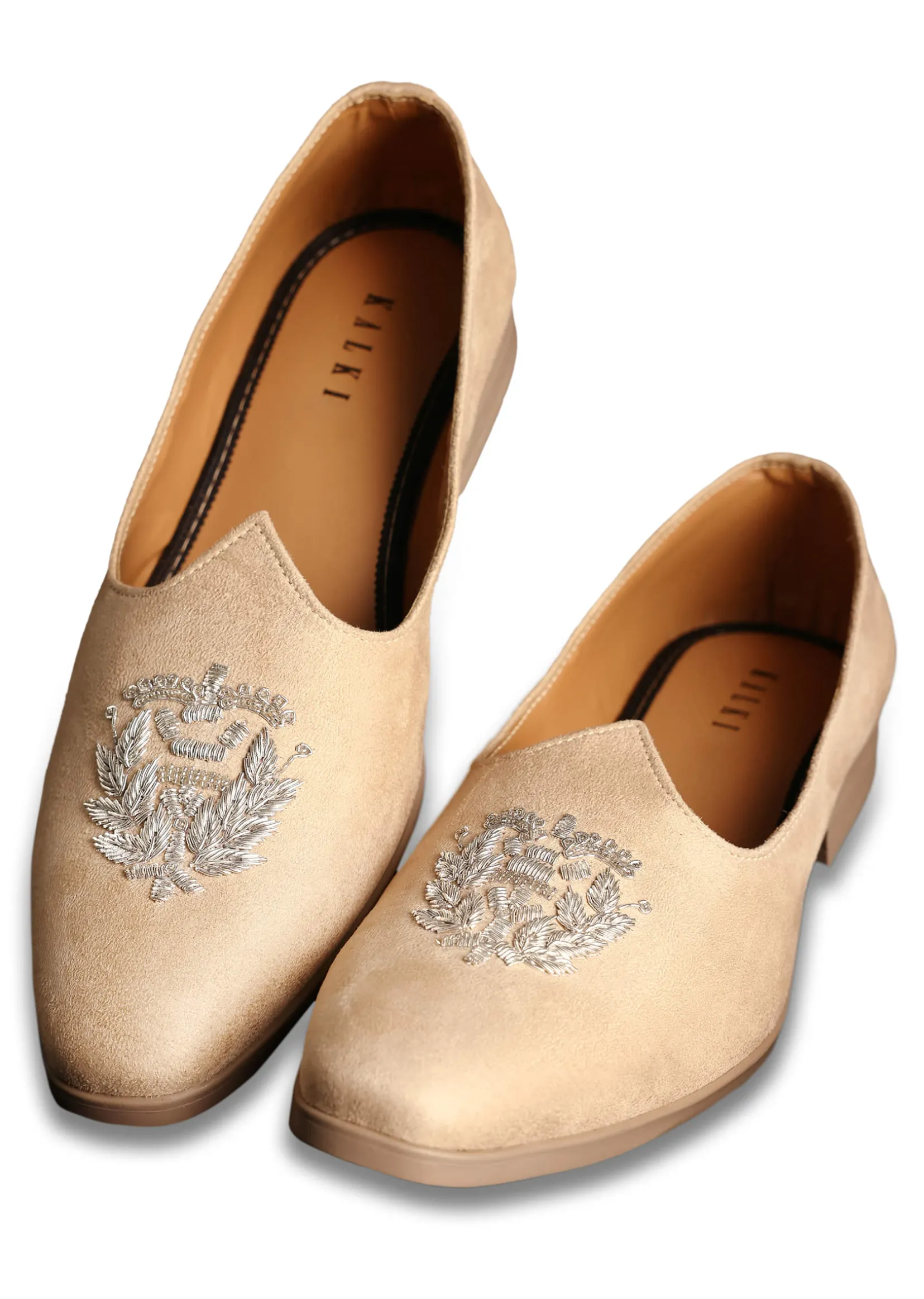 Beige Velvet Jutti With Hand Work For Men