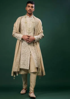 Beige White Embroidered Raw Silk Sherwani Set