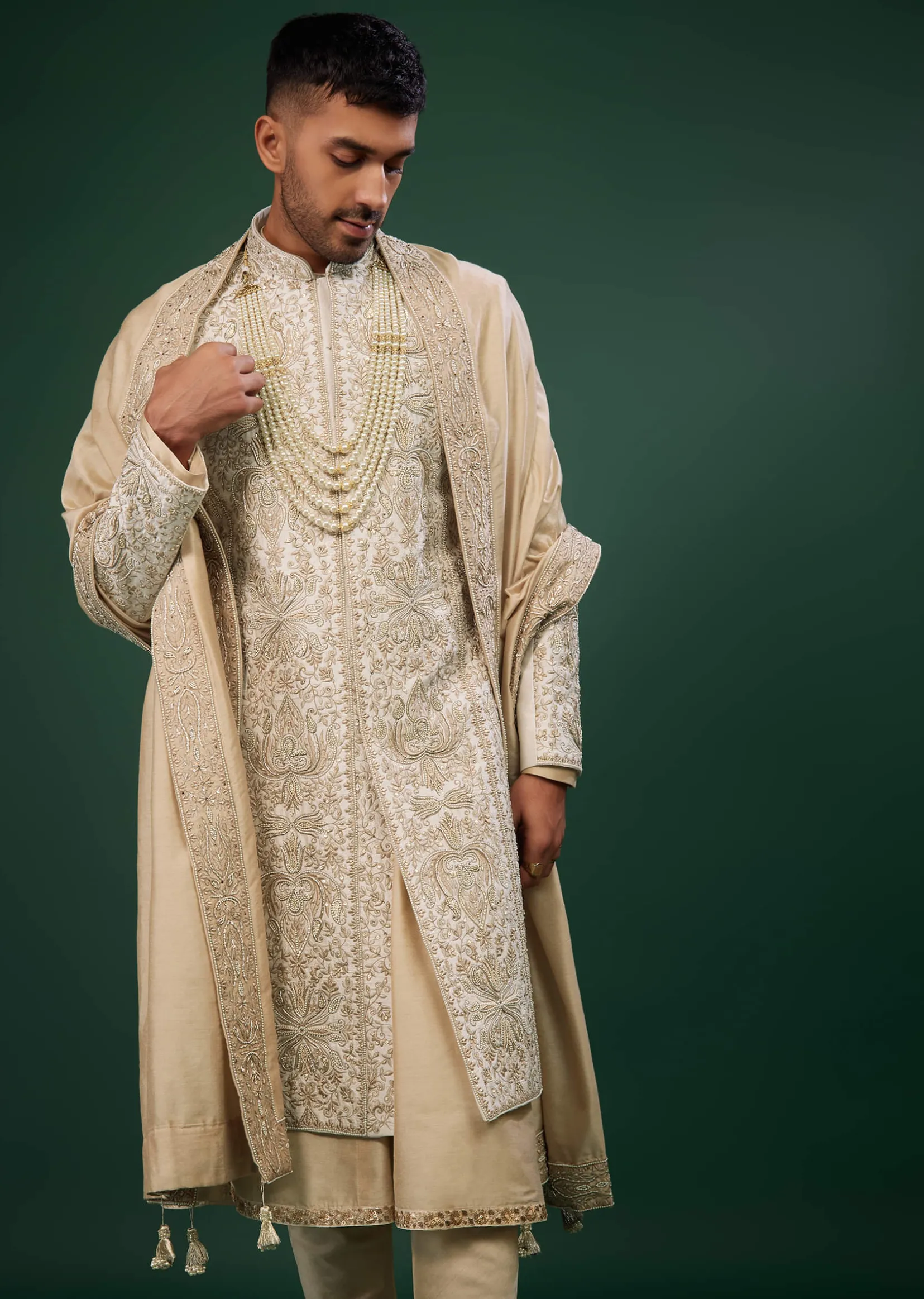 Beige White Embroidered Raw Silk Sherwani Set
