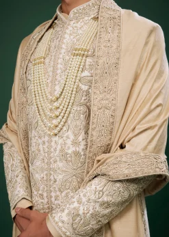 Beige White Embroidered Raw Silk Sherwani Set