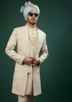 Beige White Embroidered Sherwani Set In Raw Silk