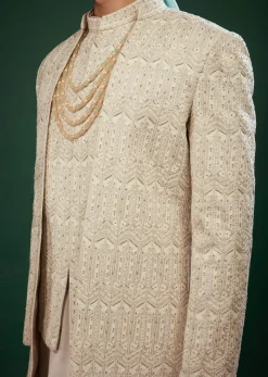 Beige White Embroidered Sherwani Set In Raw Silk