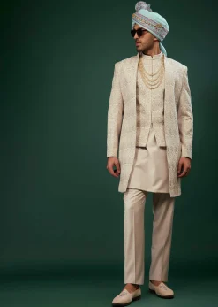 Beige White Embroidered Sherwani Set In Raw Silk
