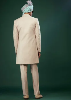 Beige White Embroidered Sherwani Set In Raw Silk
