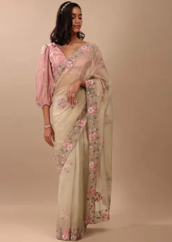 Beige White Saree In Organza Fabric And Floral Embroidery With Cut Dana & Moti