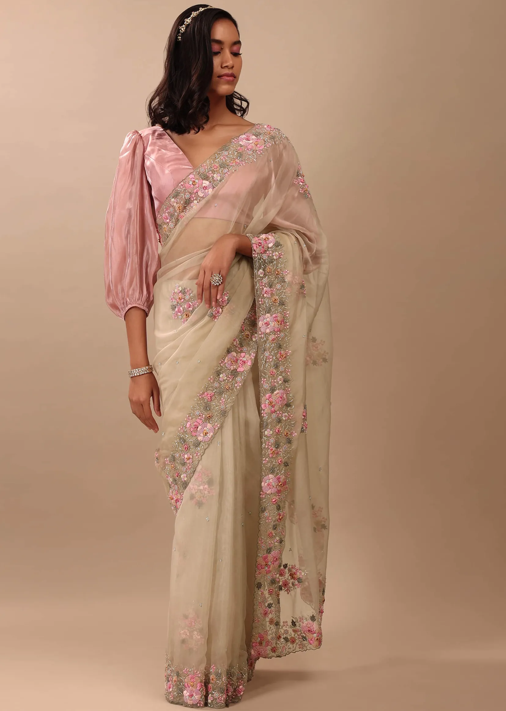 Beige White Saree In Organza Fabric And Floral Embroidery With Cut Dana & Moti