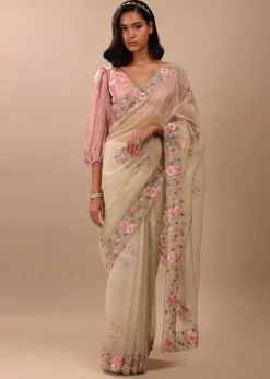 Beige White Saree In Organza Fabric And Floral Embroidery With Cut Dana & Moti