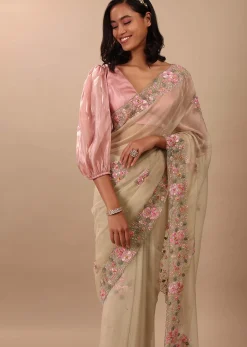 Beige White Saree In Organza Fabric And Floral Embroidery With Cut Dana & Moti