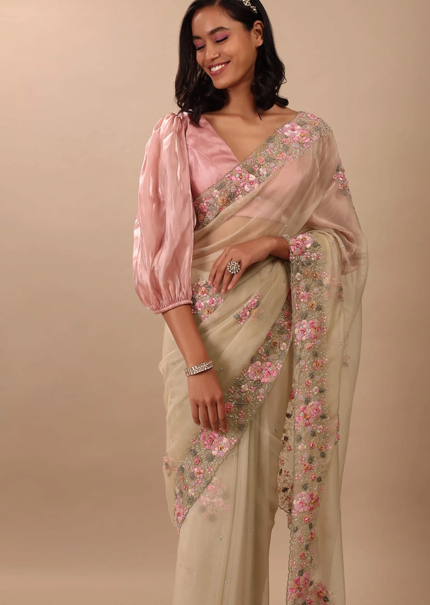 Beige White Saree In Organza Fabric And Floral Embroidery With Cut Dana & Moti