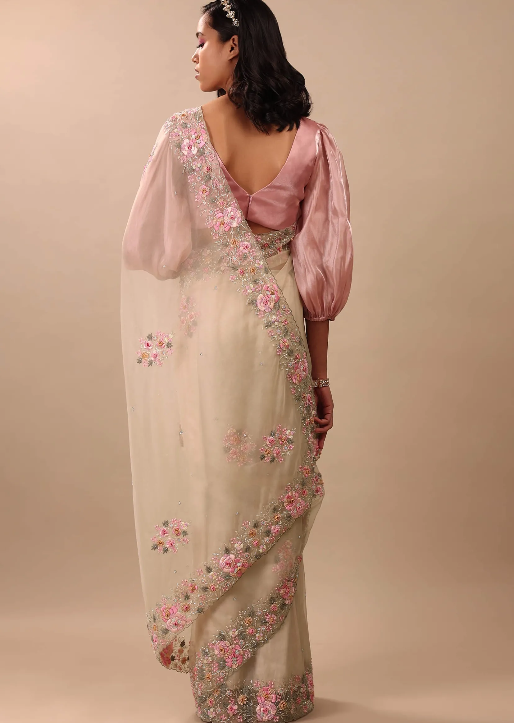 Beige White Saree In Organza Fabric And Floral Embroidery With Cut Dana & Moti