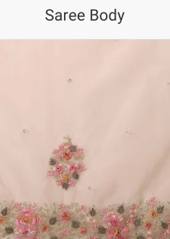 Beige White Saree In Organza Fabric And Floral Embroidery With Cut Dana & Moti