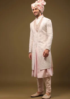 Beige White Silk Sherwani Set With Embroidery