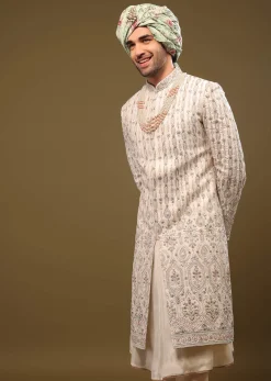 Beige White Thread Embroidered Silk Sherwani Set With Zari And Beads